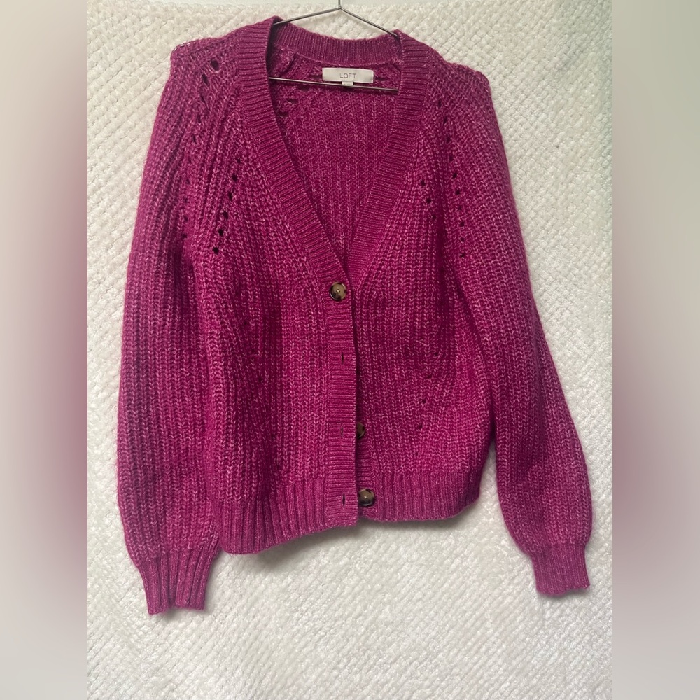 LOFT Knit V-Neck Button Cardigan Sweater Pink Spring Color Womens Medium